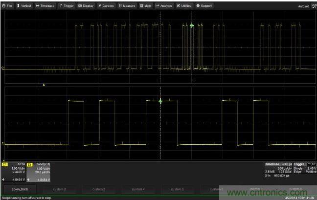 使用CustomDSO運行VB腳本&ldquo;zoom_Track.lss&rdquo;。當腳本運行時，縮放波形的中心將跟蹤水平的光標絕對位置。從圖中可以看出，光標將永遠位于縮放波形Z1的中心