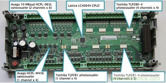 圖2：Rockwell選擇光耦作為Micro850 PLC的數字I/O電路板上的設備輸入和輸出端的核心隔離策略。